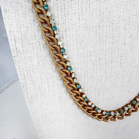 Spartina 449 Gold Tone Chain Necklace Turquoise Uranium Glass Beads Signed 18